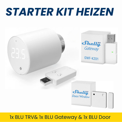 Shelly · Plug & Play · "Starter Kit Heizen Easy" · 1x BLU TRV · 1x BLU DoorWindow · 1x BLU Gateway